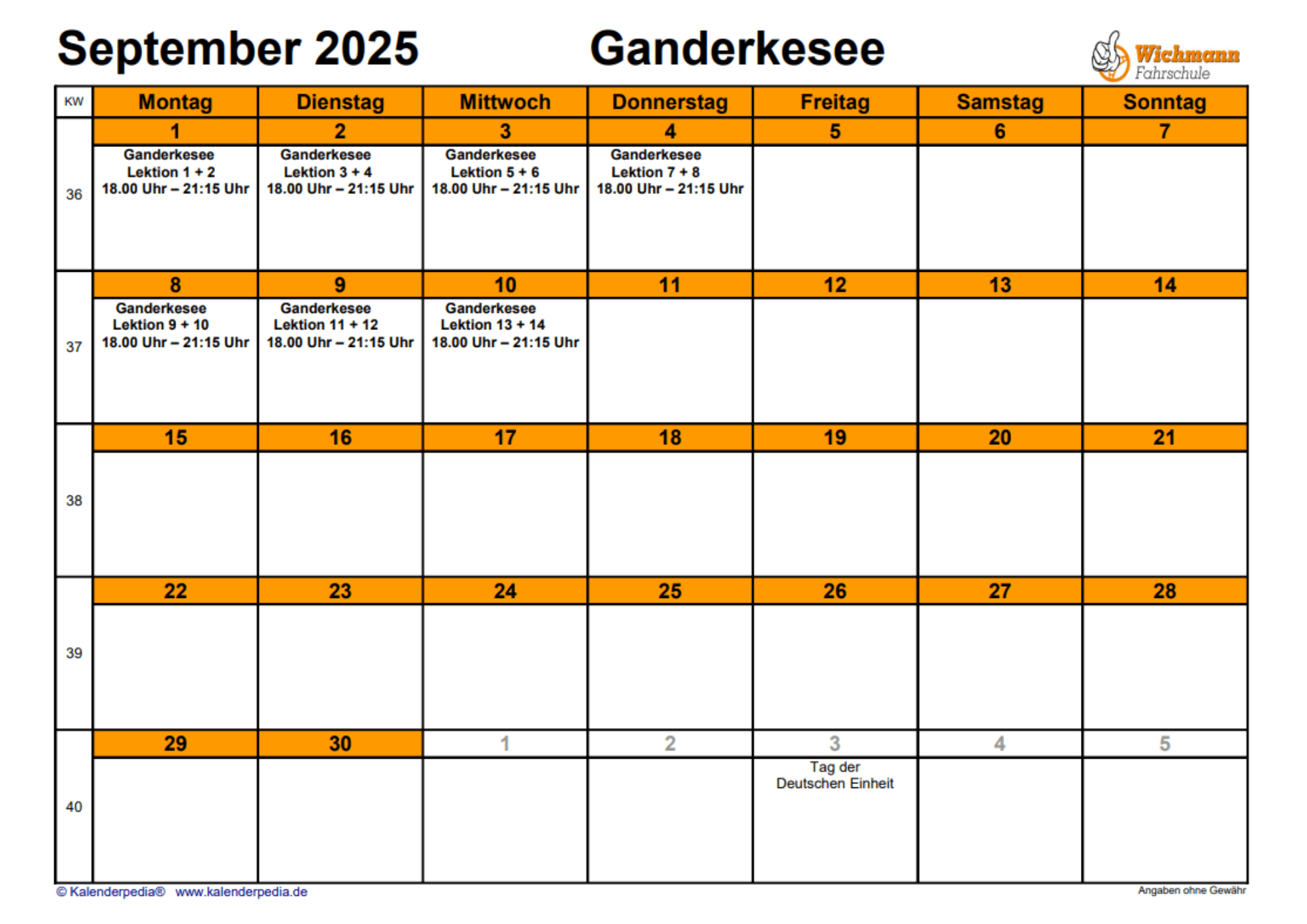 NEU Theorieplan Fahrschule September 2025 Ganderkesee