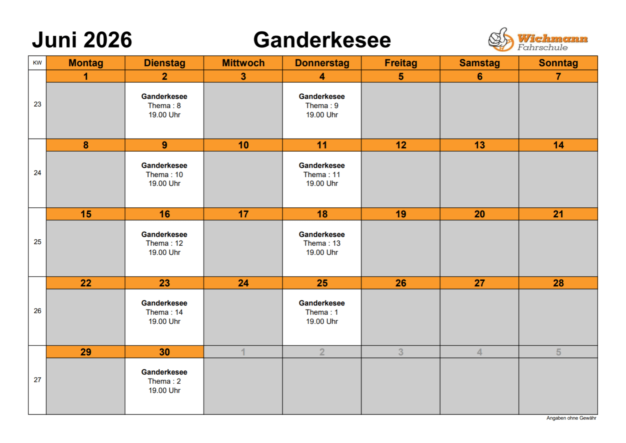 June 2026 calendar for Ganderkesee Driving School showing weekday class slots with topics and 1900 times orange day headers