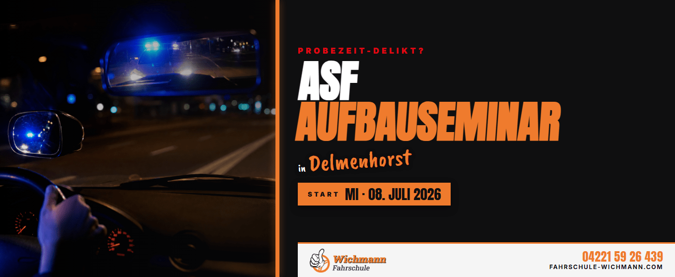header-1360x558 Night driving interior with blue police lights in the rearview; orange/black poster advertises an ASF Aufbau Seminar in Delmenhorst.