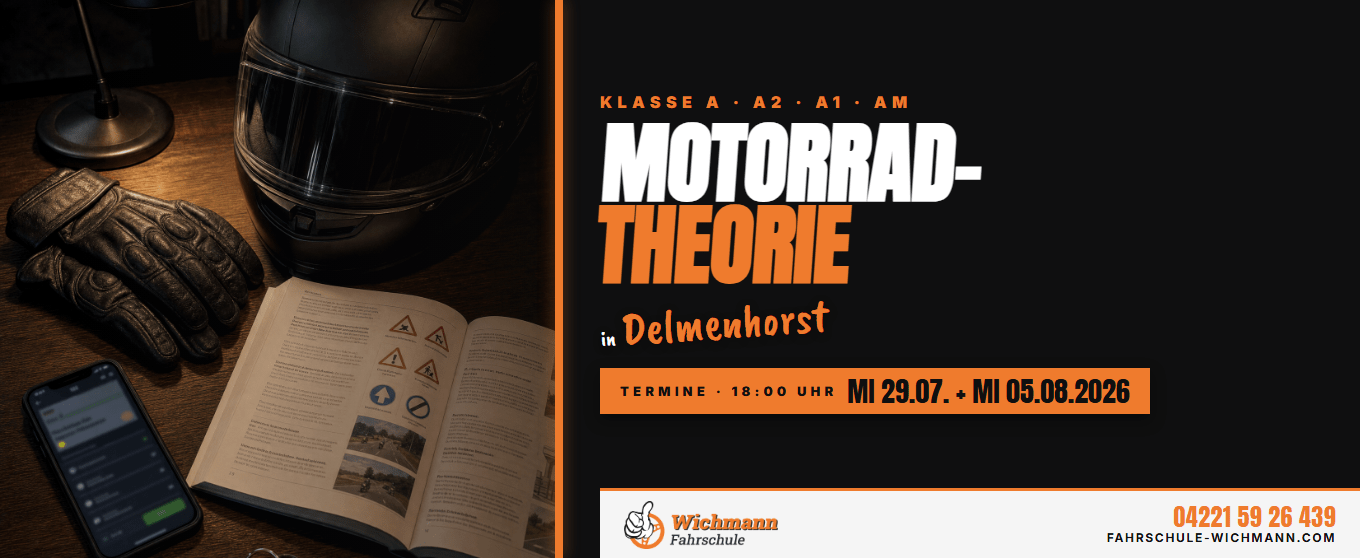 header-1360x558 Motorcycle helmet, gloves, and an open safety manual on a wooden table beside a bold orange–black poster advertising a motorcycle theory course right side.