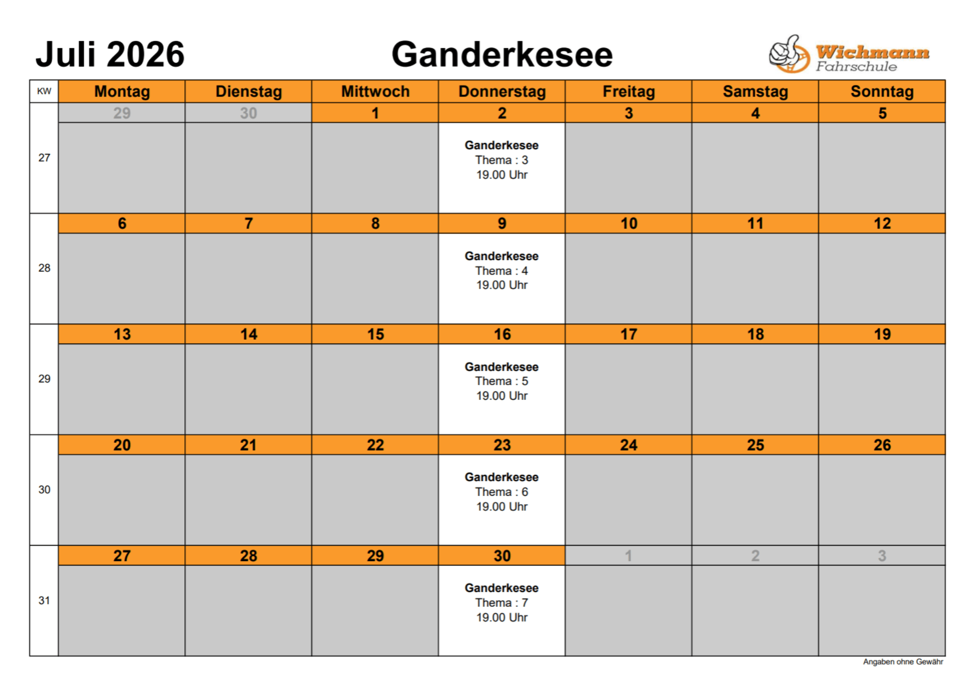 Kalenderblatt Juli 2026 für Ganderkesee mit Terminen Wochenübersicht von Montag bis Sonntag GF orange markiert Mehrere Termine mit Thema Uhrzeit 1900 Uhr