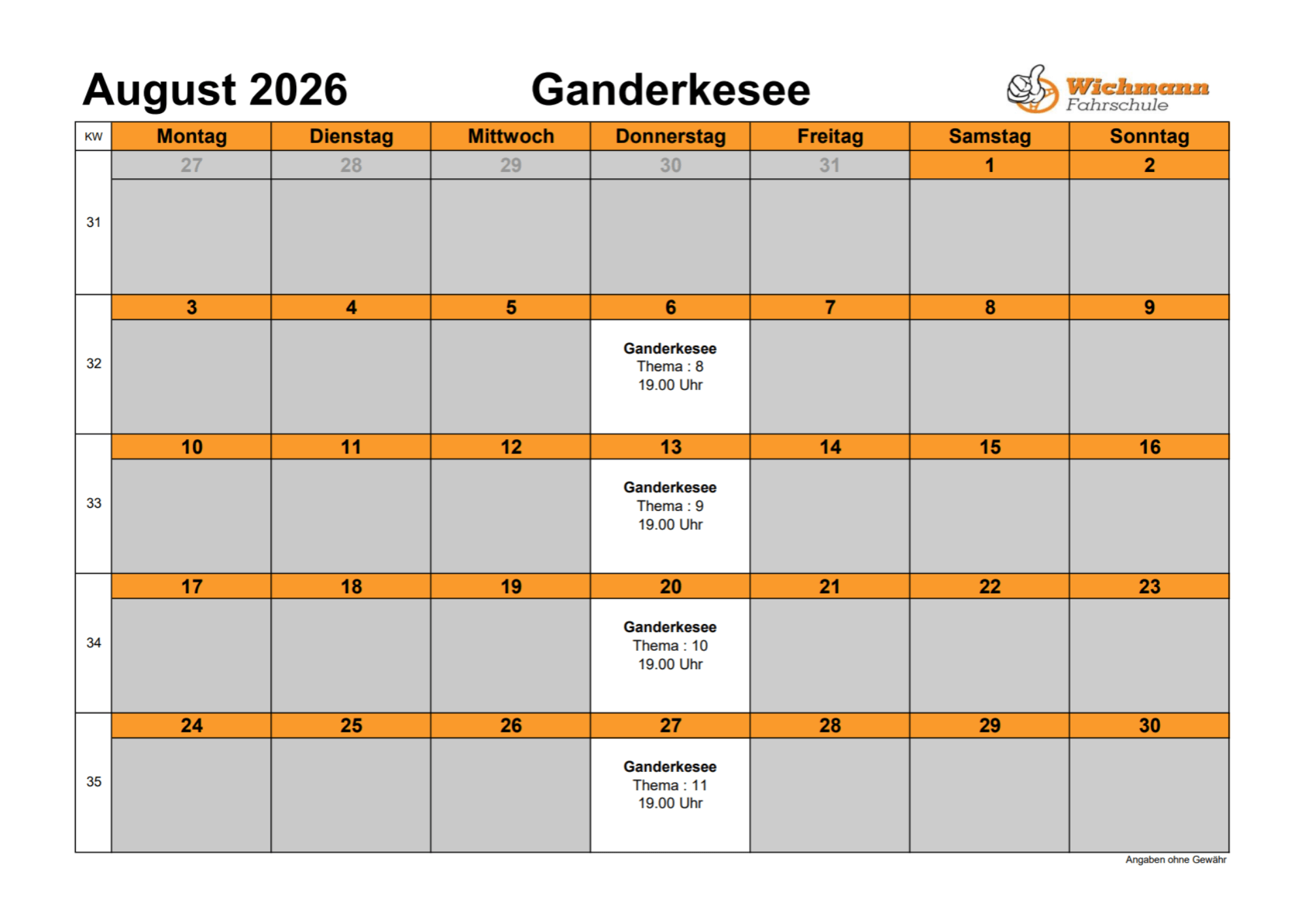 Calendar page for August 2026 from Ganderkesee Fahrschule with orange day headers and gray date cells shows Friday events labeled Ganderkesee Thema  1900 Uhr
