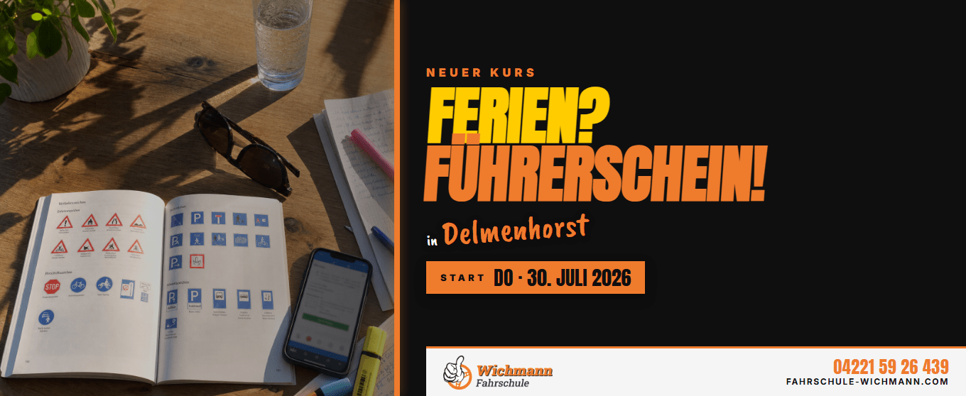 header-1360x558 Left: desk with an open traffic-sign book, sunglasses and a smartphone; right: bold black/orange driving-licence course banner for Delmenhorst (July 2026) with a logo at bottom.