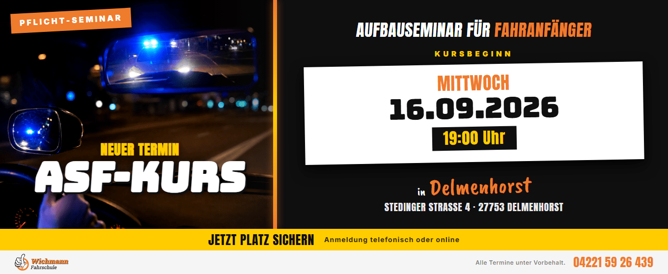 Banner advertising an advanced driving seminar for new drivers; left shows a police car at night, right lists Mittwoch 16.09.2026, 19:00 Uhr, Delmenhorst, Siedinger Str. 4, 27753 Delmenhorst.